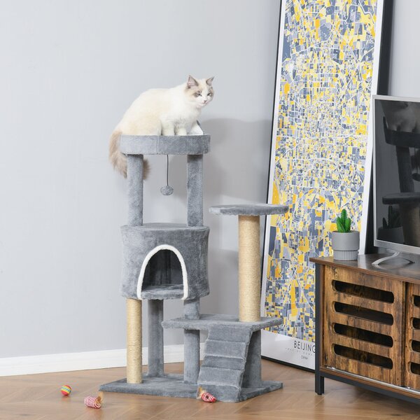 Albero Tiragraffi per Gatti 60x40x100 cm con Trespolo Casetta Rampa e Pallina in Legno e Peluche