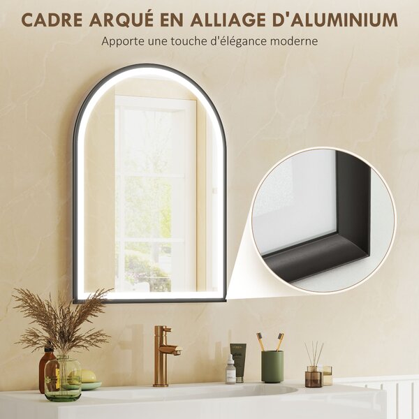 HOMCOM Specchio ad arco da bagno con illuminazione, antiappannamento e 3 colorazioni luce, 50x4x70cm, Nero | Aosom Italy