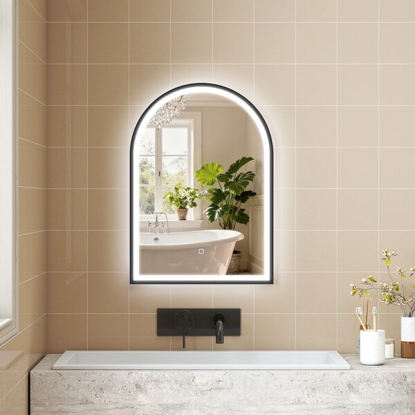 HOMCOM Specchio ad arco da bagno con illuminazione, antiappannamento e 3 colorazioni luce, 50x4x70cm, Nero | Aosom Italy