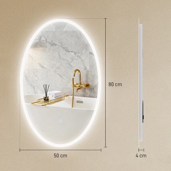 HOMCOM Specchio da bagno con illuminazione, anti-appannamento e 3 colori di luce, 50x4x80cm, Trasparente | Aosom Italy