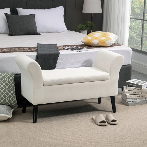 Panca Contenitore con Braccioli 111,5x41x65 cm in Tessuto Effetto Velluto e Legno Bianco Crema