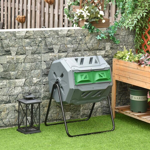 Compostiera da Giardino 71x65x96 cm Girevole a 2 Sezioni con 8 Prese d'Aria in Acciaio e PP Grigio