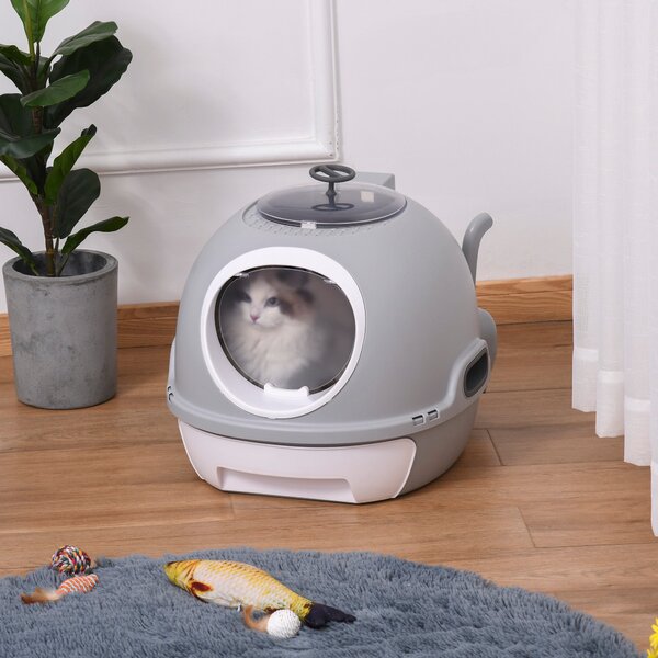Lettiera per Gatti Chiusa con Vassoio Estraibile 47x55x44 cm 2 Ingressi e Paletta Grigio