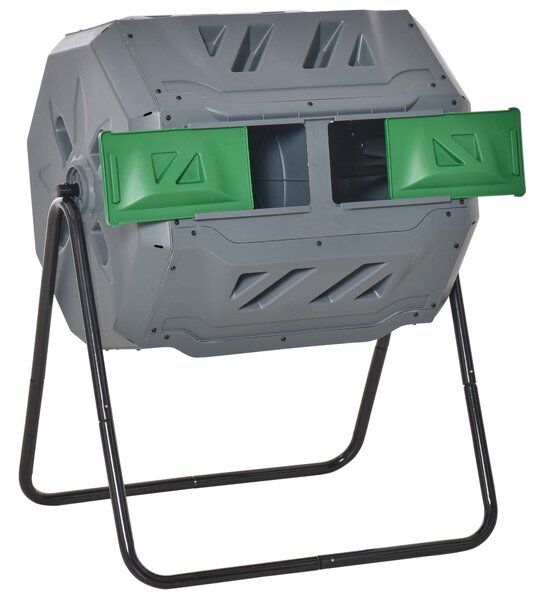 Compostiera da Giardino 71x65x96 cm Girevole a 2 Sezioni con 8 Prese d'Aria in Acciaio e PP Grigio
