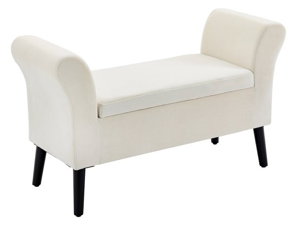 Panca Contenitore con Braccioli 111,5x41x65 cm in Tessuto Effetto Velluto e Legno Bianco Crema