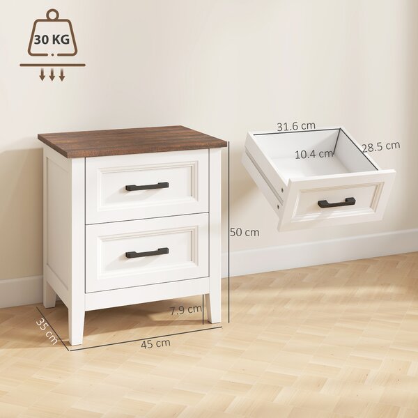 HOMCOM Comodino con 2 Cassetti per Soggiorno e Camera da Letto, Stile Rustico, 45x30x50 cm, Bianco | Aosom Italy