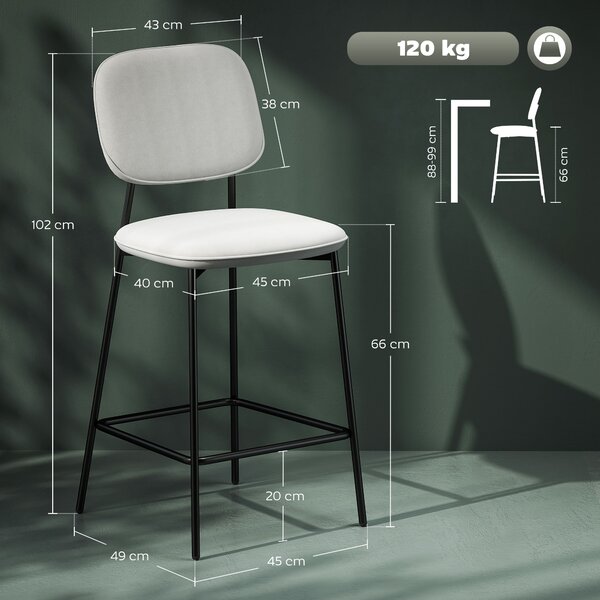 HOMCOM Set da 2 sgabelli da bar con poggiapiedi, rivestimento in velluto e gambe in acciaio per sala da pranzo, 45x49x102 cm, Grigio chiaro | Aosom Italy