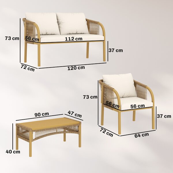 Outsunny Salotto da Giardino Esterno 4 Pezzi con Divano, 2 Poltrone e Tavolo Cuscini, in Acciaio Resina Intrecciata, 120x72x73 cm, Kaki | Aosom Italy