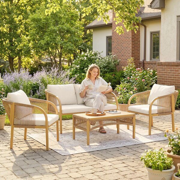 Outsunny Salotto da Giardino Esterno 4 Pezzi con Divano, 2 Poltrone e Tavolo Cuscini, in Acciaio Resina Intrecciata, 120x72x73 cm, Kaki | Aosom Italy