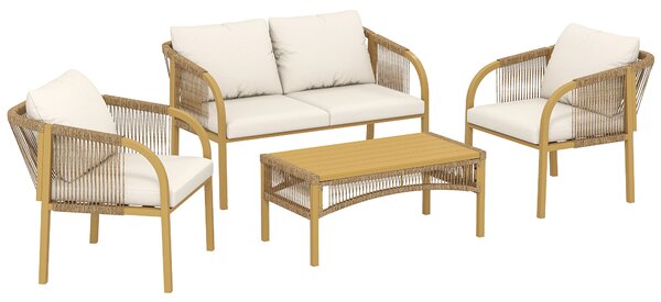 Outsunny Salotto da Giardino Esterno 4 Pezzi con Divano, 2 Poltrone e Tavolo Cuscini, in Acciaio Resina Intrecciata, 120x72x73 cm, Kaki | Aosom Italy
