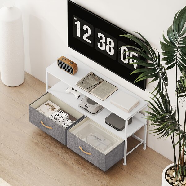 HOMCOM Mobile TV con ripiano e 2 cassetti in tessuto pieghevoli, 98x29x56 cm, Bianco e grigio | Aosom Italy