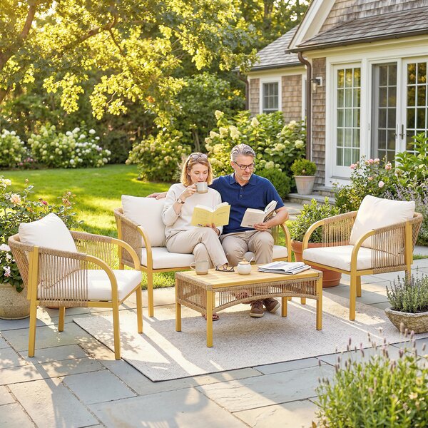 Outsunny Salotto da Giardino Esterno 4 Pezzi con Divano, 2 Poltrone e Tavolo Cuscini, in Acciaio Resina Intrecciata, 120x72x73 cm, Kaki | Aosom Italy