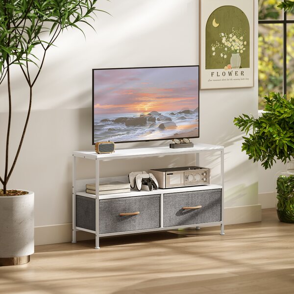 HOMCOM Mobile TV con ripiano e 2 cassetti in tessuto pieghevoli, 98x29x56 cm, Bianco e grigio | Aosom Italy