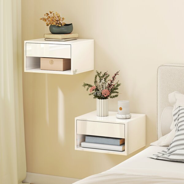 HOMCOM Set da 2 comodini da parete con cassetto, scomparto aperto e ripiano, 37x32x21 cm, bianco | Aosom Italy