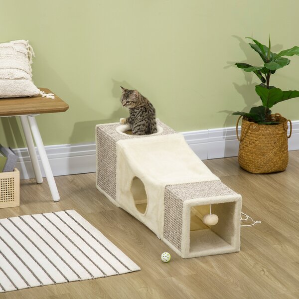 Tunnel per Gatti Pieghevole 98x30x30 cm con Tiragraffi in Peluche e Sisal Crema