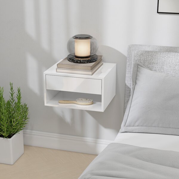 HOMCOM Set da 2 comodini da parete con cassetto, scomparto aperto e ripiano, 37x32x21 cm, bianco | Aosom Italy
