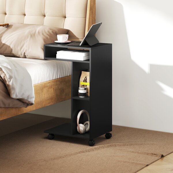 HOMCOM Tavolino servitore a C con 4 ruote e 3 scomparti, Carrello laterale, 40x30x69 cm, Nero | Aosom Italy