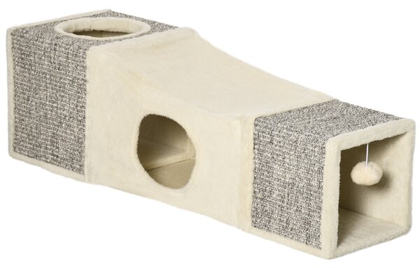 Tunnel per Gatti Pieghevole 98x30x30 cm con Tiragraffi in Peluche e Sisal Crema