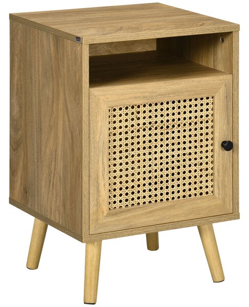 Comodino per Camera da Letto Stile Boho 39x35x60 cm con Armadietto e Ripiano Aperto in Legno e Rattan