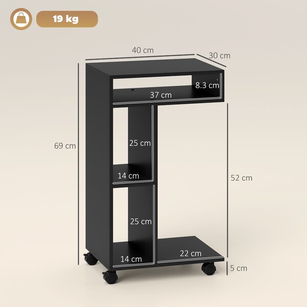 HOMCOM Tavolino servitore a C con 4 ruote e 3 scomparti, Carrello laterale, 40x30x69 cm, Nero | Aosom Italy