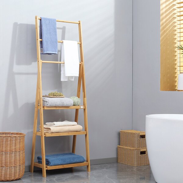 Portasciugamani Bagno Multiuso 53x30,5x152 cm Pieghevole con 3 Barre e 3 Ripiani in Legno Naturale