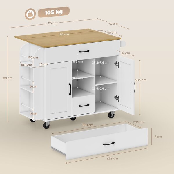 HOMCOM Isola da cucina con piano estraibile, Ante dell'armadio a chiusura soft, cassetti, portasciugamani, MDF, Bianco, 115x70x89 cm, Bianco | Aosom Italy