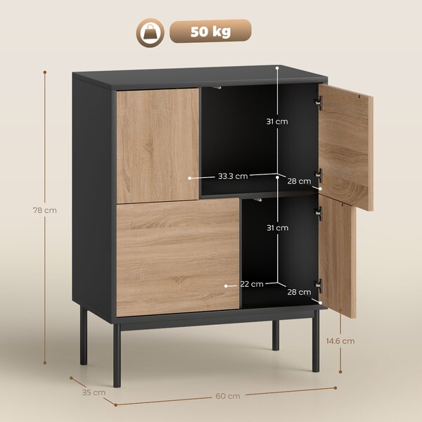 HOMCOM Credenza da pranzo con porte push-to-open, Armadio cucina con gambe in metallo, 60x35x78 cm, Nero e Legno naturale | Aosom Italy