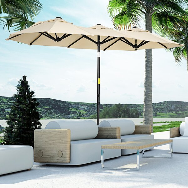 Ombrellone da Giardino 295x152x222 cm Copertura Doppia Inclinabile con Apertura a Manovella Cachi