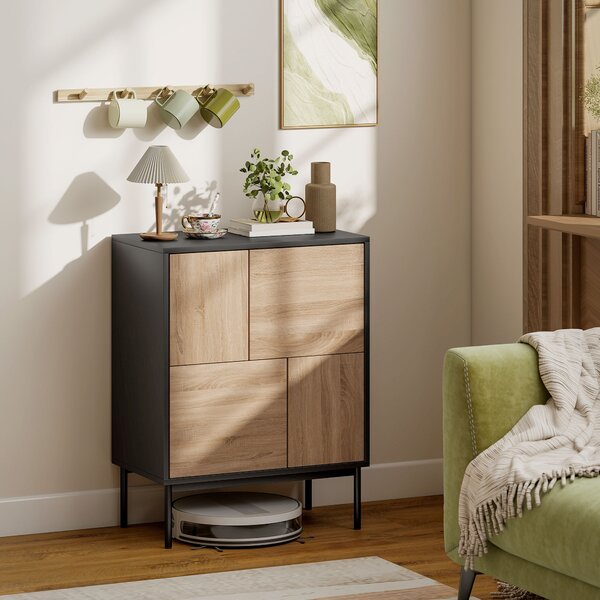 HOMCOM Credenza da pranzo con porte push-to-open, Armadio cucina con gambe in metallo, 60x35x78 cm, Nero e Legno naturale | Aosom Italy