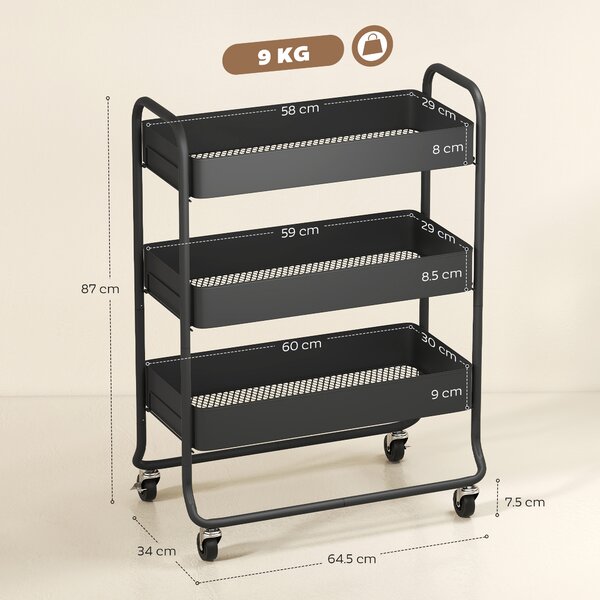 HOMCOM Carrello da cucina con 3 ceste e 4 ruote in metallo, 64,5x34x87 cm, Nero | Aosom Italy