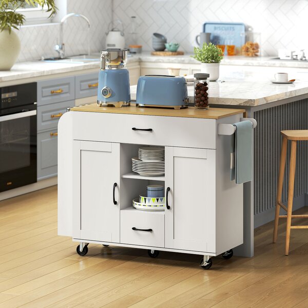 HOMCOM Isola da cucina con piano estraibile, Ante dell'armadio a chiusura soft, cassetti, portasciugamani, MDF, Bianco, 115x70x89 cm, Bianco | Aosom Italy