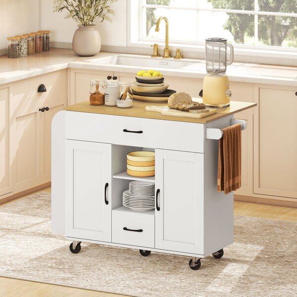 HOMCOM Isola da cucina con piano estraibile, Ante dell'armadio a chiusura soft, cassetti, portasciugamani, MDF, Bianco, 115x70x89 cm, Bianco | Aosom Italy