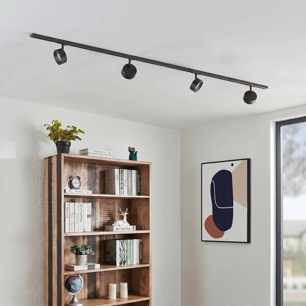 Sistema di binari Lindby Linaro, Ø 9,5 cm, a 4 luci, LED, nero Linaro, Nero, Studio / Ufficio, Alluminio, Moderno
