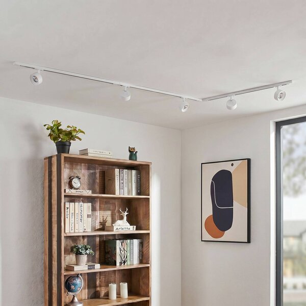 Sistema di binari Lindby Linaro, Ø 9,5 cm, a 5 luci, LED, bianco Linaro, Bianco / Opale, Studio / Ufficio, Alluminio, Moderno