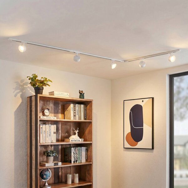 Sistema di binari Lindby Linaro, Ø 9,5 cm, a 5 luci, LED, bianco Linaro, Bianco / Opale, Studio / Ufficio, Alluminio, Moderno