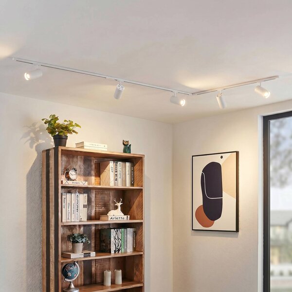 Sistema di binari Lindby Linaro, Ø 7 cm, a 5 luci, LED, bianco, CCT Linaro Lindby, dimmerabile, Bianco / Opale, Studio / Ufficio, Alluminio, Moderno