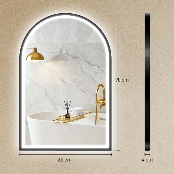 HOMCOM Specchio da Bagno con 3 Colori di Luce, Luminosità Regolabile e Funzione Antiappannamento, 60x4x90 cm, Nero | Aosom Italy
