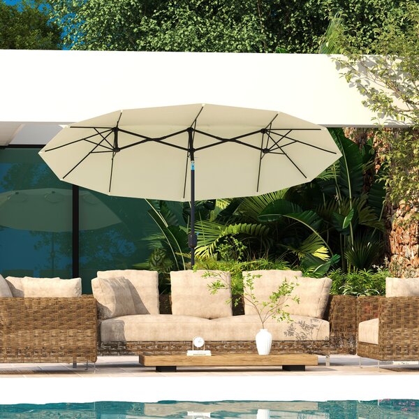 Ombrellone da Giardino 295x152x222 cm Copertura Doppia Inclinabile con Apertura a Manovella Beige