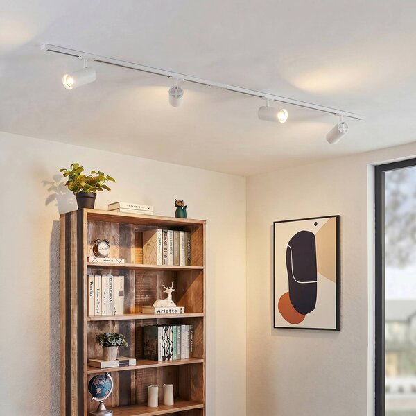 Sistema di binari Lindby Linaro, Ø 7 cm, a 4 luci, LED, bianco, CCT Linaro Lindby, dimmerabile, Bianco / Opale, Studio / Ufficio, Alluminio, Moderno