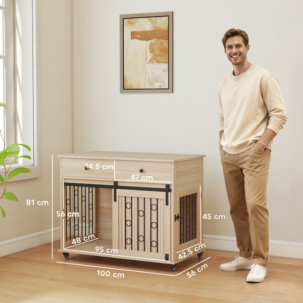 PawHut Gabbia per cani su ruote con 2 porte e 2 cassetti, in legno e acciaio, 100x56x81 cm, Rovere | Aosom Italy
