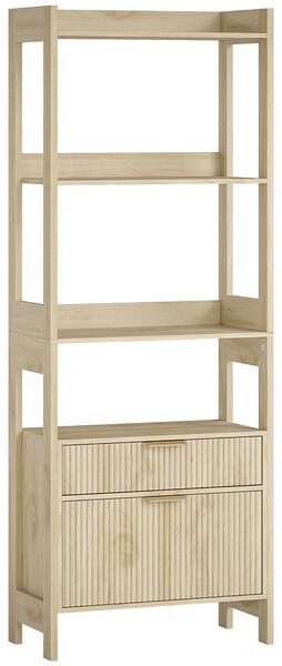 HOMCOM Libreria alta con 4 ripiani aperti e 2 cassetti scanalati, mobile contenitore, 60x30x160 cm, legno naturale | Aosom Italy