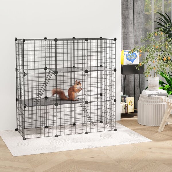 Recinto per Animali Modulabile 105x45x105 cm con 31 Pannelli 2 Porte e 2 Rampe in Acciaio e PP Nero