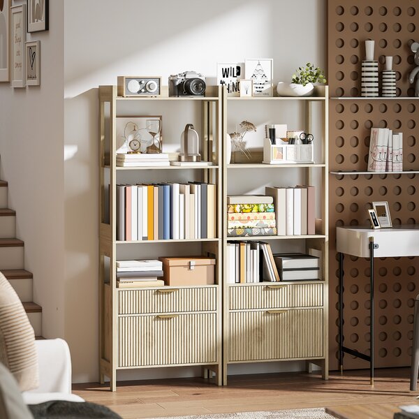 HOMCOM Libreria alta con 4 ripiani aperti e 2 cassetti scanalati, mobile contenitore, 60x30x160 cm, legno naturale | Aosom Italy
