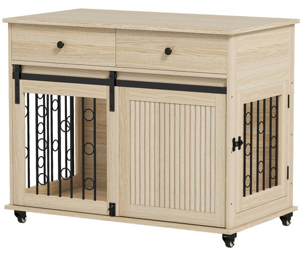 PawHut Gabbia per cani su ruote con 2 porte e 2 cassetti, in legno e acciaio, 100x56x81 cm, Rovere | Aosom Italy