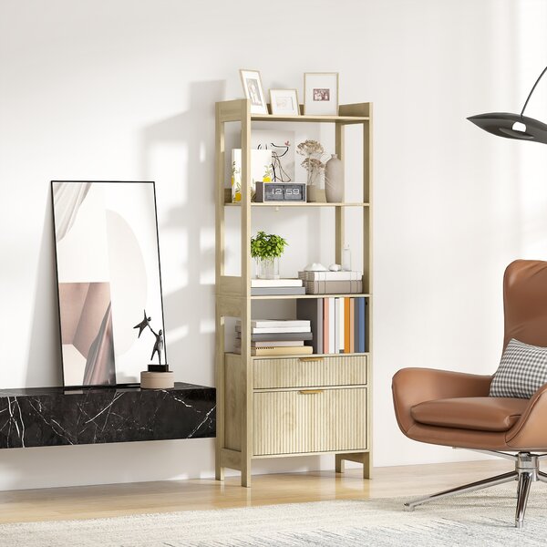 HOMCOM Libreria alta con 4 ripiani aperti e 2 cassetti scanalati, mobile contenitore, 60x30x160 cm, legno naturale | Aosom Italy