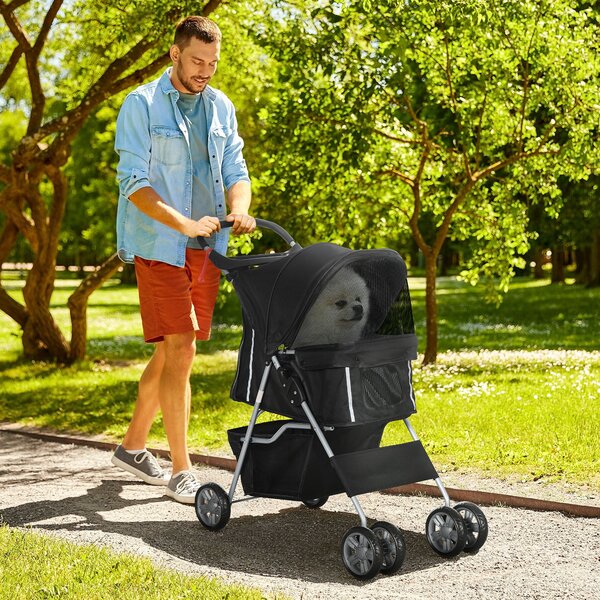 Passeggino per Cani Pieghevole 75x45x97 cm Peso Max 10 kg con Cestino e Portabicchiere Nero
