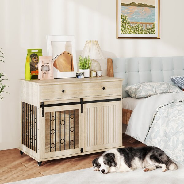 PawHut Gabbia per cani su ruote con 2 porte e 2 cassetti, in legno e acciaio, 100x56x81 cm, Rovere | Aosom Italy