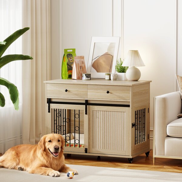 PawHut Gabbia per cani su ruote con 2 porte e 2 cassetti, in legno e acciaio, 100x56x81 cm, Rovere | Aosom Italy