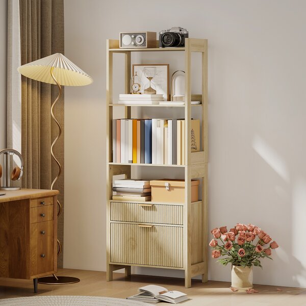 HOMCOM Libreria alta con 4 ripiani aperti e 2 cassetti scanalati, mobile contenitore, 60x30x160 cm, legno naturale | Aosom Italy