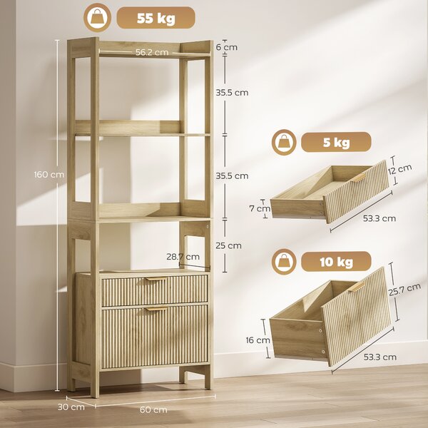 HOMCOM Libreria alta con 4 ripiani aperti e 2 cassetti scanalati, mobile contenitore, 60x30x160 cm, legno naturale | Aosom Italy